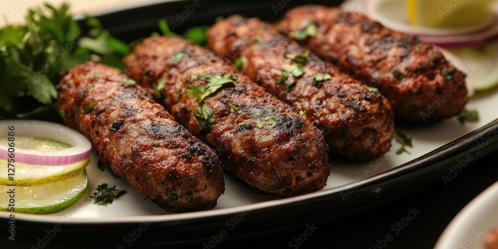 Delicious grilled kebabs on a black platter garnished with coriander and served with slices of lime and onion rings in a warm setting. Delicious grilled kebabs on a black platter garnished with coriander and served with slices of lime and onion rings in a warm setting.
