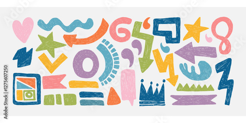 Crayon Abstract Shapes and Forms Set. Hand drawn wierd retro shapes with crayon, chalk or charcoal texture drawn manual on paper. Bold groovy bizarre shapes in trendy crayon drawing style.