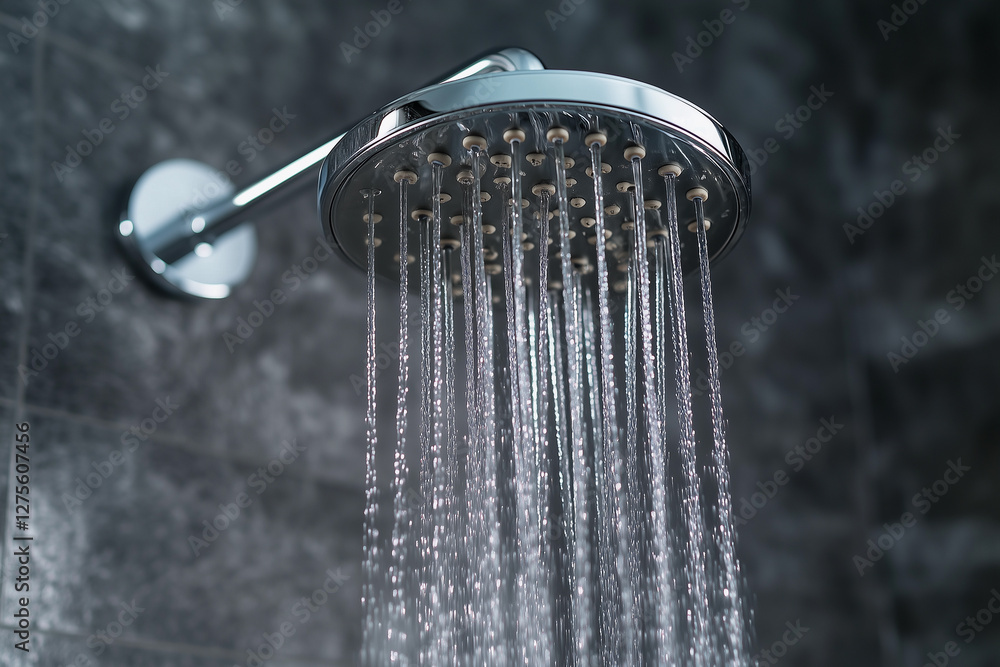 Enjoying a refreshing shower with a modern chrome showerhead in a stylish bathroom setting Enjoying a refreshing shower with a modern chrome showerhead in a stylish bathroom setting