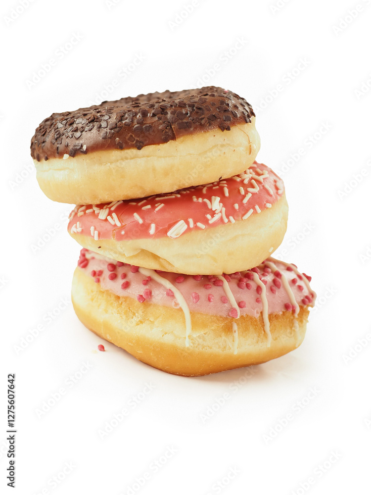 Three donuts stacked on top of each other with pink frosting and sprinkles. The donuts are piled high and look delicious. Internationally popular pastry product. Perfect desert. Three donuts stacked on top of each other with pink frosting and sprinkles. The donuts are piled high and look delicious. Internationally popular pastry product. Perfect desert.