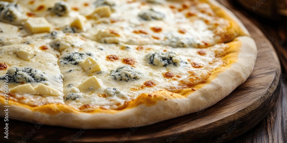 Delicious gourmet pizza featuring a thin crust topped with blue cheese and cubed mozzarella on a wooden serving board, warm and inviting. Delicious gourmet pizza featuring a thin crust topped with blue cheese and cubed mozzarella on a wooden serving board, warm and inviting.