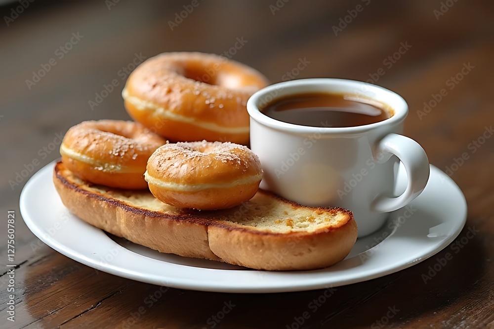 cup of coffee sits next to a plate of donuts and toasted bread. cup of coffee sits next to a plate of donuts and toasted bread.