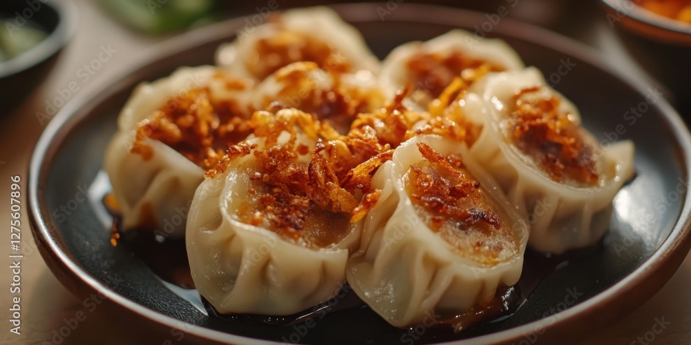 Closeup of delicious cooked dumplings plated with crispy fried onions, featuring warm golden tones, with dumplings centered and garnished attractively. Closeup of delicious cooked dumplings plated with crispy fried onions, featuring warm golden tones, with dumplings centered and garnished attractively.