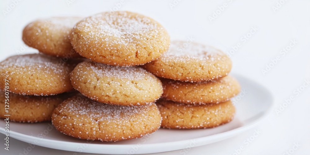 Delicious sugar-topped cookies stacked on a white plate against a clean white background showcasing their enticing texture and sweetness