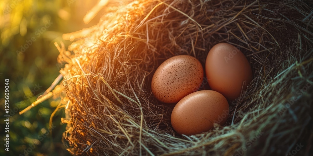 Organic eggs in a rice straw nest captured from above, illuminated by warm morning sunlight, highlighting earthy tones and gentle textures. Organic eggs in a rice straw nest captured from above, illuminated by warm morning sunlight, highlighting earthy tones and gentle textures.