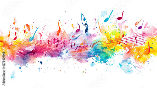 Vibrant abstract splatter art with colorful paint splatters and musical notes