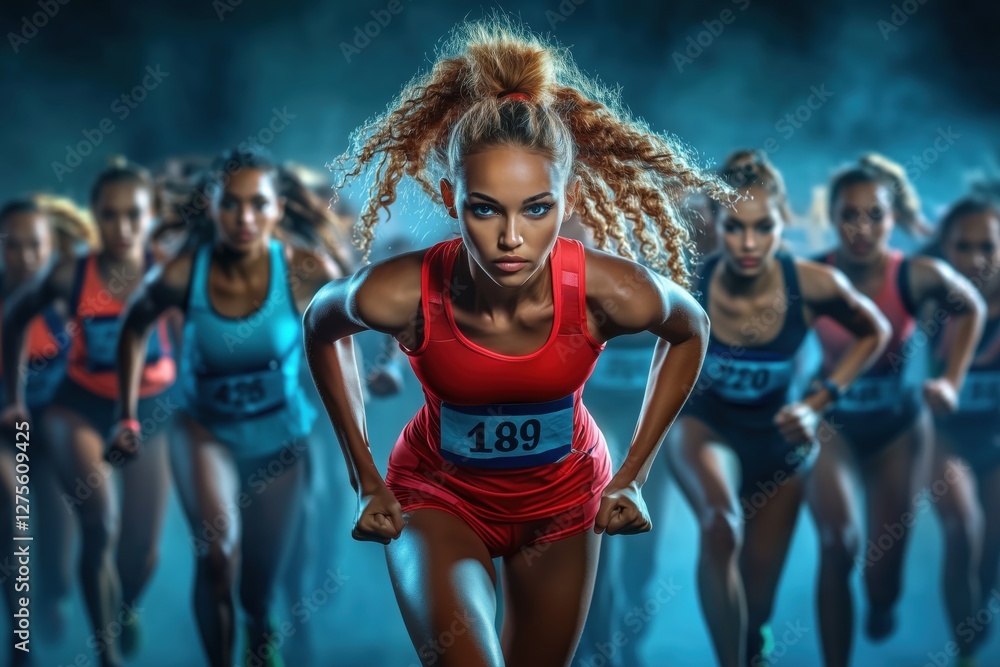Obraz premium A determined athletic woman in red sprinting at a track meet, leading other competitors. Her intense focus and powerful stride highlight the competitive spirit of the event