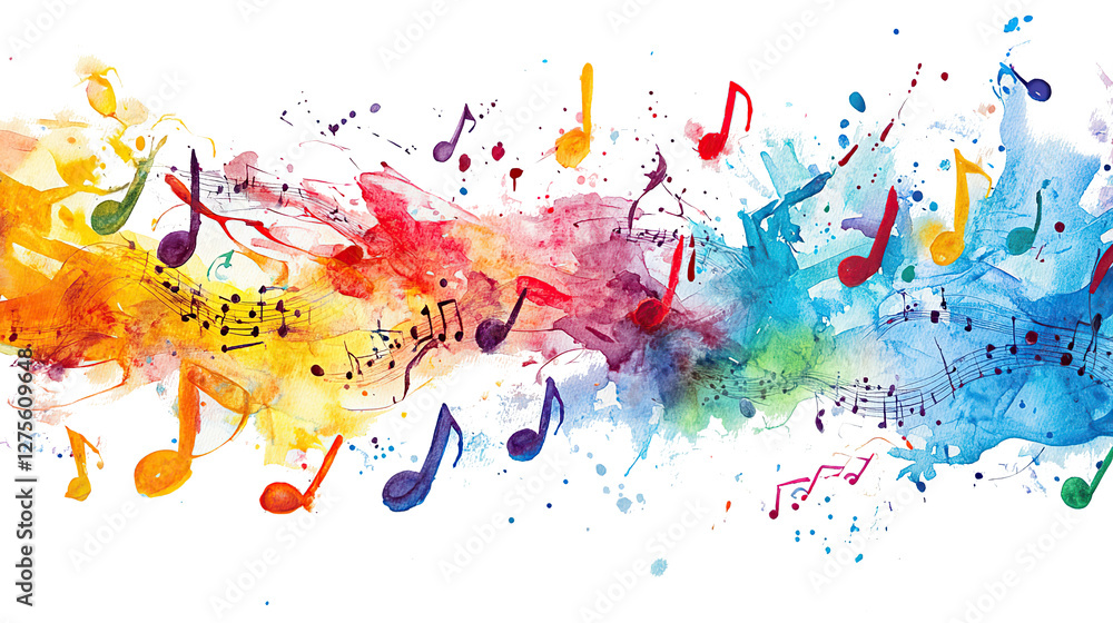Fototapeta premium Colorful paint splashes with musical notes on transparent background
