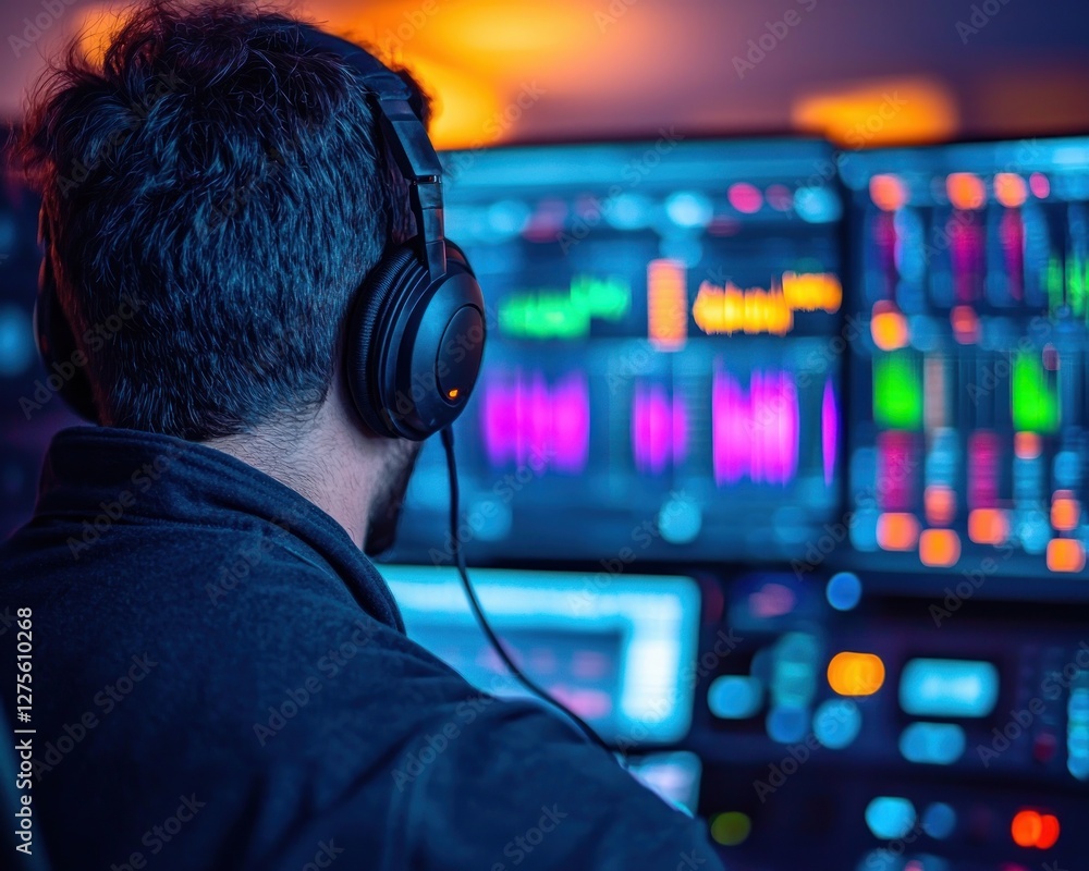 Man with Headphones Works on Audio Editing Software at Night Man with Headphones Works on Audio Editing Software at Night