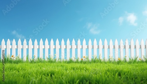 Vibrant green grass surrounds white picket fence against clear blue sky. Idyllic garden scene depicts backyard with summer flowers, symbolizing property, security and boundary.