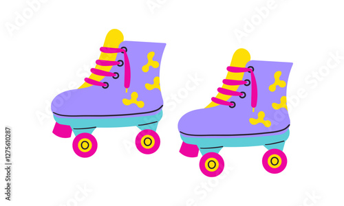 Classic nostalgic 80s-90s element in modern style flat, line art style. Hand drawn vector retro illustration of quad roller skates, old school. Fashion patch, badge, emblem, logo