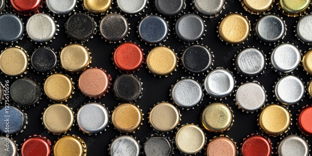 Colorful collection of bottle caps arranged in rows against a black background showcasing various metallic colors and textures creating a vibrant pattern. Colorful collection of bottle caps arranged in rows against a black background showcasing various metallic colors and textures creating a vibrant pattern.