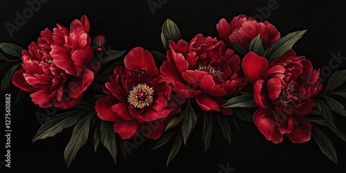 Red peony flowers in full bloom with lush green leaves arranged elegantly on a deep black background creating a striking contrast and rich texture.