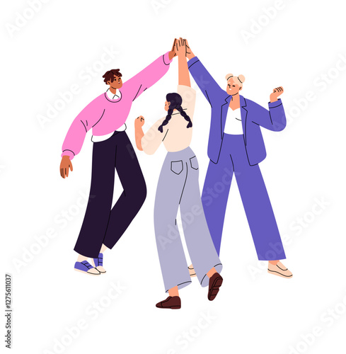 Joyful team gives high five, rejoices at win. Happy employees celebrate teamwork success, support colleagues. People, group of friends has fun together. Flat isolated vector illustration on white
