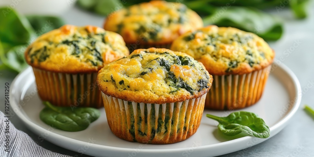 Savory spinach and cheese muffins on a white plate with green spinach leaves surrounding them showcasing golden tops and a fluffy texture perfect for keto diets Savory spinach and cheese muffins on a white plate with green spinach leaves surrounding them showcasing golden tops and a fluffy texture perfect for keto diets