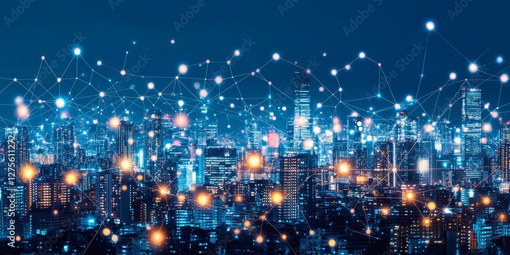 Futuristic Cityscape at Night with Glowing Network, Illuminated Buildings, Modern Architecture Futuristic Cityscape at Night with Glowing Network, Illuminated Buildings, Modern Architecture
