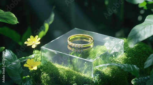 A beautifully detailed floral gold ring resting on a transparent jewelry case, softly glowing