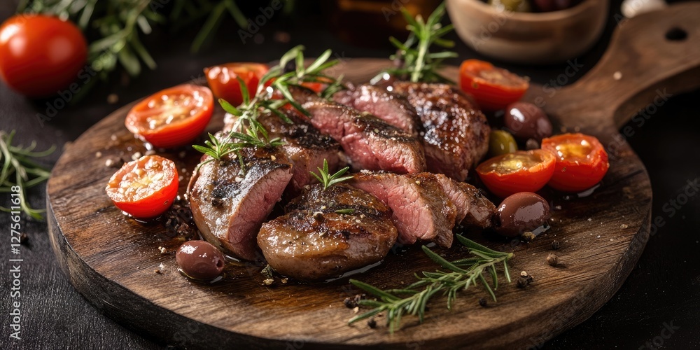 Gourmet duck meat sliced and garnished with cherry tomatoes and olives on a rustic wooden board with fresh rosemary and olive oil. Gourmet duck meat sliced and garnished with cherry tomatoes and olives on a rustic wooden board with fresh rosemary and olive oil.