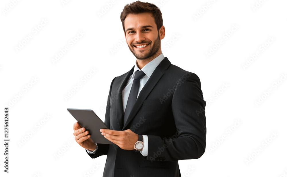 Portrait of a confident businessman in a professional suit holding a tablet, isolated on a transparent background. Ideal for corporate, technology, or business themes. Portrait of a confident businessman in a professional suit holding a tablet, isolated on a transparent background. Ideal for corporate, technology, or business themes.