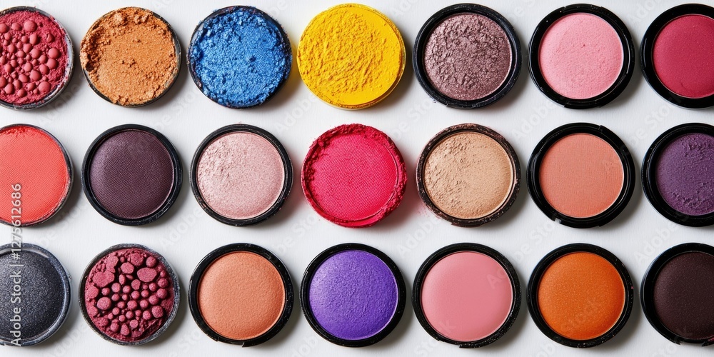 Colorful arrangement of various makeup blush and eyeshadow powders in round containers, featuring shades of orange, pink, purple, and yellow. Colorful arrangement of various makeup blush and eyeshadow powders in round containers, featuring shades of orange, pink, purple, and yellow.