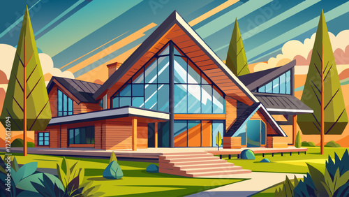 A modern ranch with an asymmetrical layout, showcasing sharp angles and a blend of wood and metal.