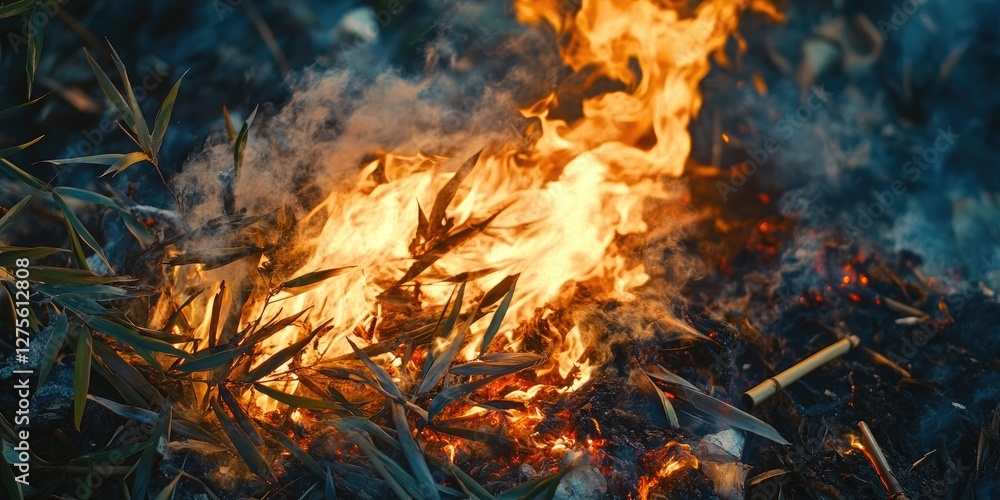 Flames engulf dry bamboo leaves amid burnt trash, showcasing fire hazards in vegetation-rich environments with vibrant orange and smoky grey tones. Flames engulf dry bamboo leaves amid burnt trash, showcasing fire hazards in vegetation-rich environments with vibrant orange and smoky grey tones.
