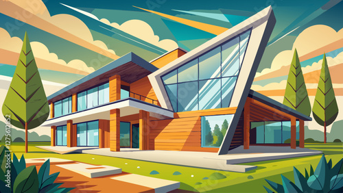 A modern ranch with an asymmetrical layout, showcasing sharp angles and a blend of wood and metal.