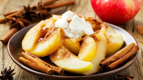 Warm Apple Slices with Cinnamon and Cream: A Cozy Autumnal Dessert