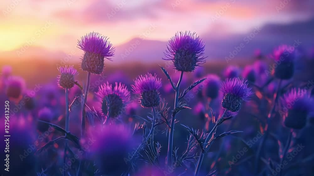 Vibrant Purple Thistle in Full Bloom Under the Golden Sunlight, Symbolizing Scottish Heritage and Natural Beauty Vibrant Purple Thistle in Full Bloom Under the Golden Sunlight, Symbolizing Scottish Heritage and Natural Beauty