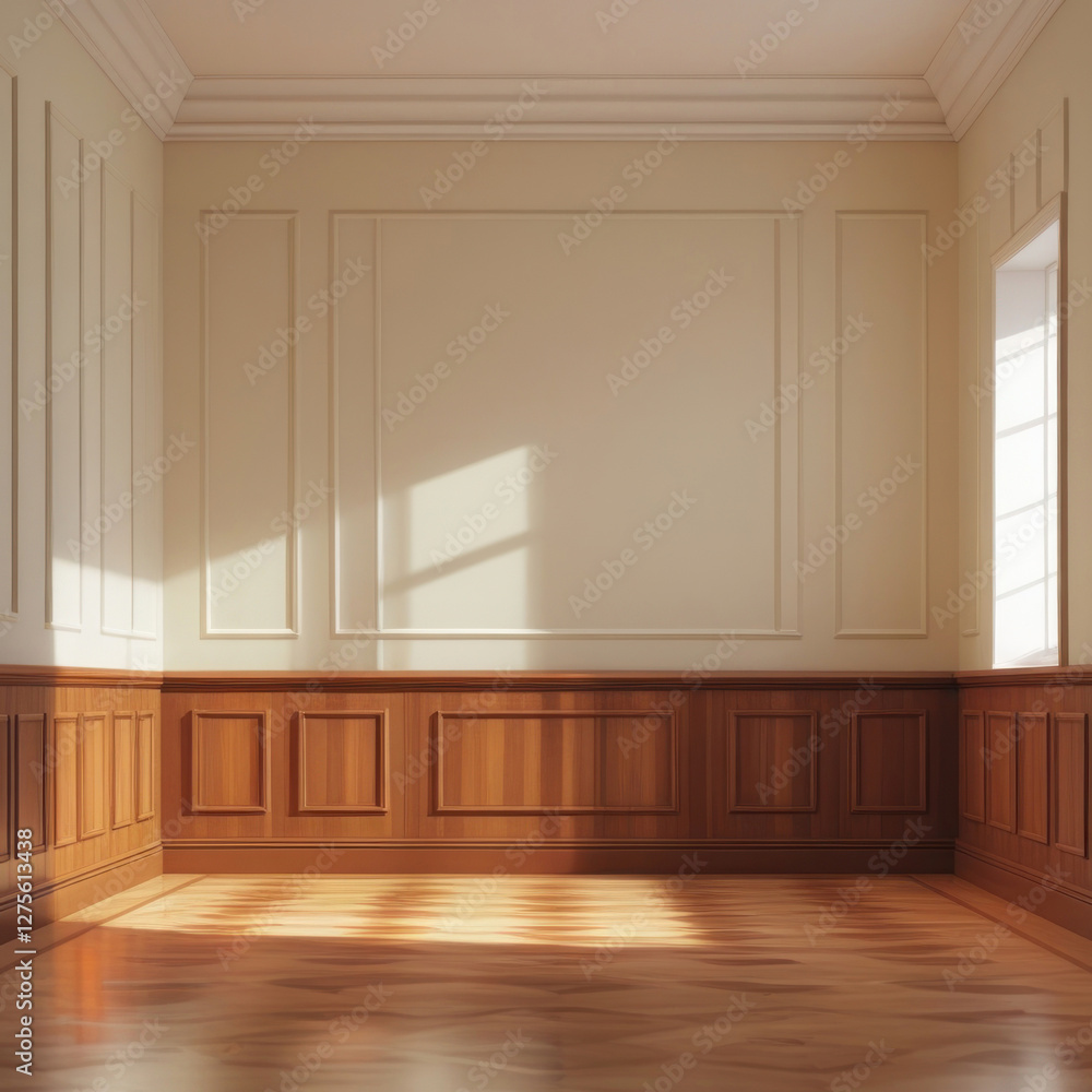 An unfurnished and empty living room with beige walls and wooden floor An unfurnished and empty living room with beige walls and wooden floor