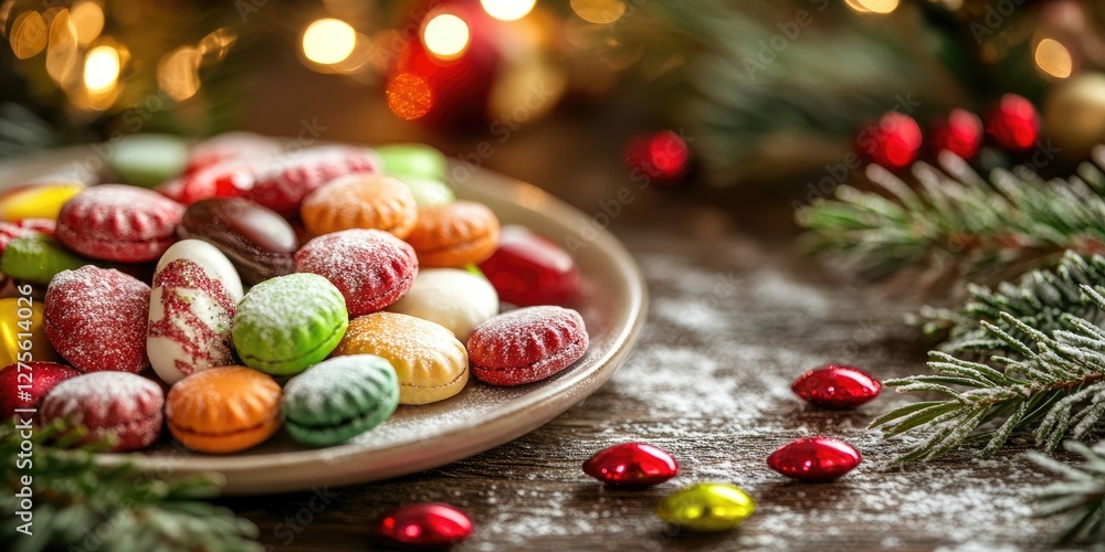 Colorful dragee cookies in various shades of red green and white arranged on a festive table with pine branches and soft festive lighting Colorful dragee cookies in various shades of red green and white arranged on a festive table with pine branches and soft festive lighting