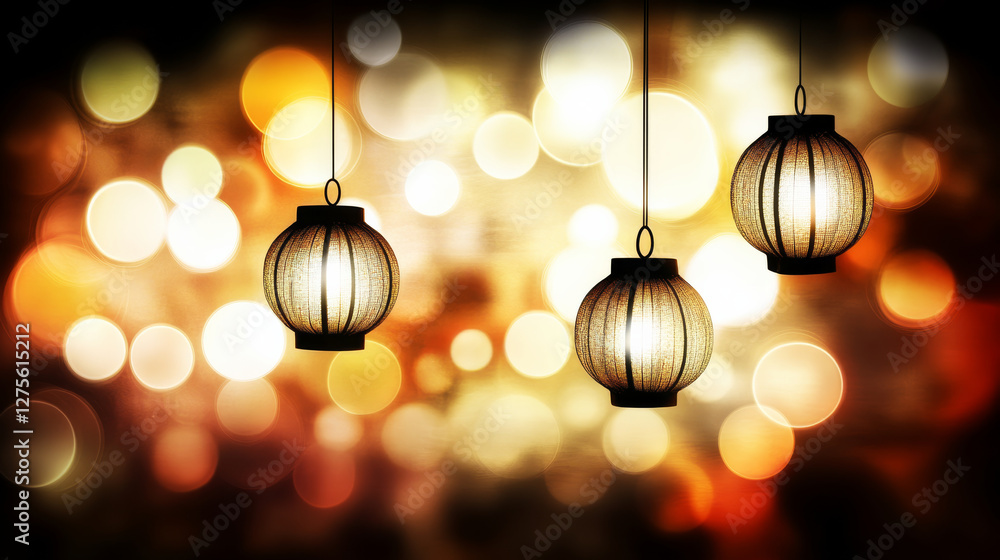 Hanging lanterns with warm bokeh lights create festive atmosphere Hanging lanterns with warm bokeh lights create festive atmosphere