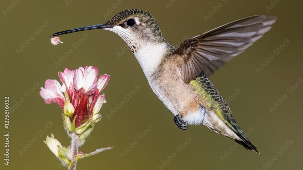 Fototapeta premium Hummingbird Feeding on Blossom with Soft Background Colors