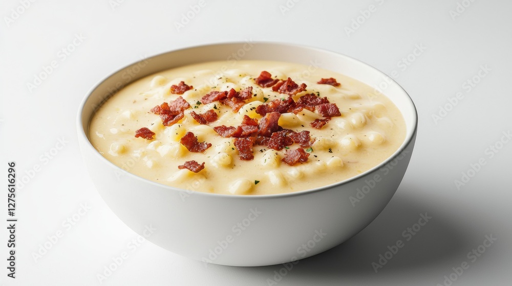 Creamy Macaroni and Cheese Soup with Crispy Bacon Topping in a Bowl Creamy Macaroni and Cheese Soup with Crispy Bacon Topping in a Bowl