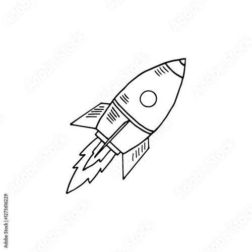 Cartoon doodle science vector rocket launching or flying with flames.