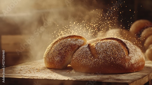 Freshly baked loaves of bread on a wooden table with flour dust in a warm bakery setting photo