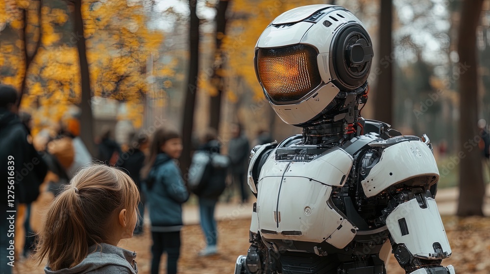 A futuristic AI-powered robot interacting with children in a park, friendly and innovative A futuristic AI-powered robot interacting with children in a park, friendly and innovative
