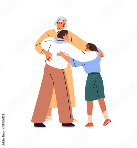 Joyful kids hug their granny. Grandmother and grandchildren hug. Children love, embrace grandma. Happy family rejoices at gathering, cuddles. Flat isolated vector illustration on white background