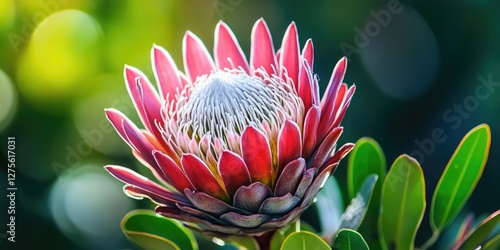 Vibrant King Protea flower in full bloom, featuring pink and white petals, surrounded by lush green leaves, set against a soft bokeh background.