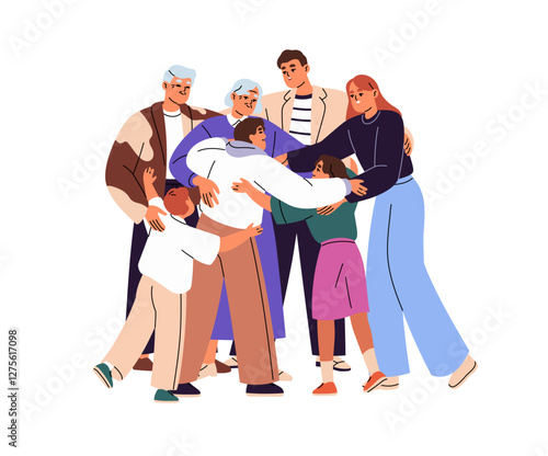 Big happy family hugs together. Parents and kids cuddle with granny, grandfather. Mother, father, children and grandparents embrace, rejoice. Flat isolated vector illustration on white background