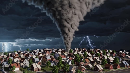 Destructive tornado engulfs residential area during severe storm conditions in the evening