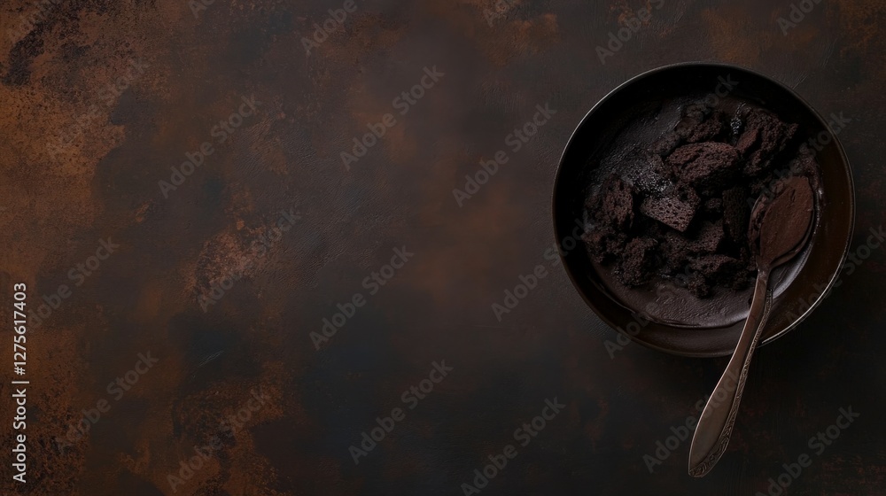 Dark Chocolate Dessert Pieces in a Bowl with Spoon on Dark Background Dark Chocolate Dessert Pieces in a Bowl with Spoon on Dark Background