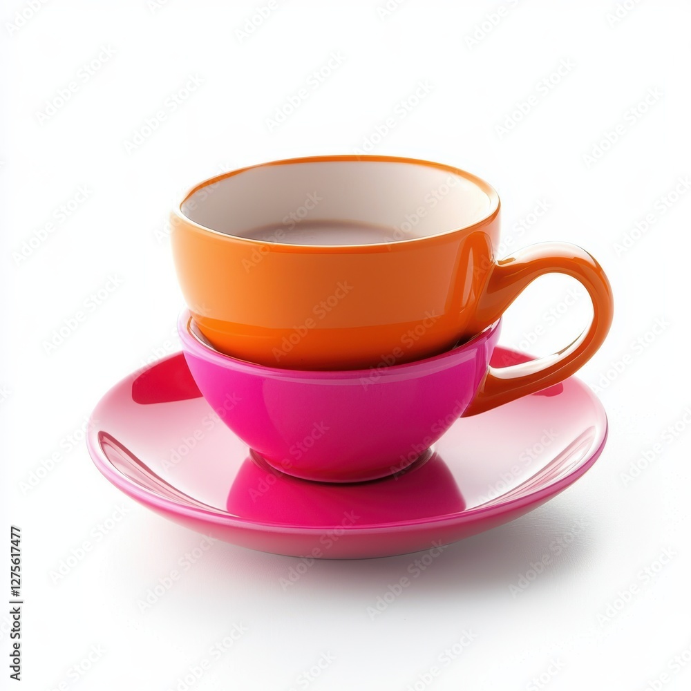 Bright orange and pink espresso set with a glossy texture isolated on white Bright orange and pink espresso set with a glossy texture isolated on white