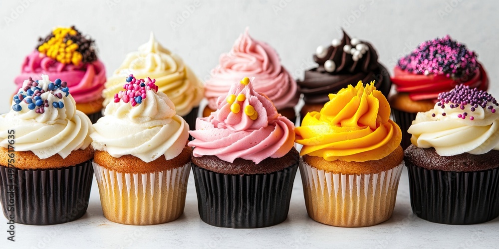 Colorful cupcakes lined up on a clean white background showcasing intricate frosting designs in pink, yellow, purple, and white with vibrant sprinkles. Colorful cupcakes lined up on a clean white background showcasing intricate frosting designs in pink, yellow, purple, and white with vibrant sprinkles.