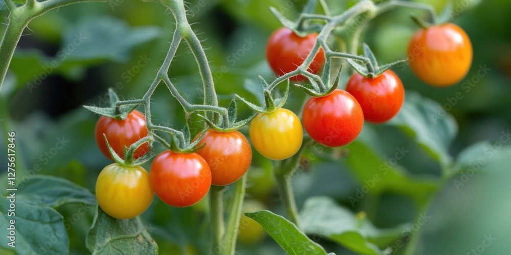 Vibrant cherry tomato plant with clusters of ripe red and orange tomatoes prominently displayed among lush green leaves in a garden setting Vibrant cherry tomato plant with clusters of ripe red and orange tomatoes prominently displayed among lush green leaves in a garden setting