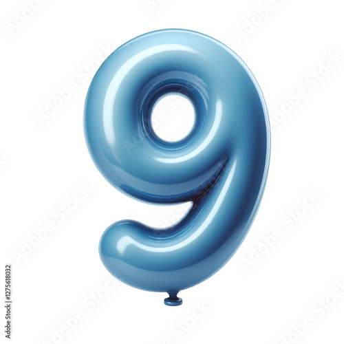 Blue color Number 9 Balloon, Shiny balloon shape party decoration, isolated on transparent cutout PNG