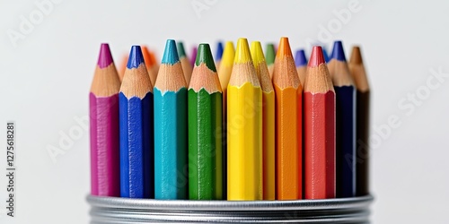 Vibrant collection of colored pencils arranged in a circular tin with a light gray background showcasing various colors including blue green and yellow