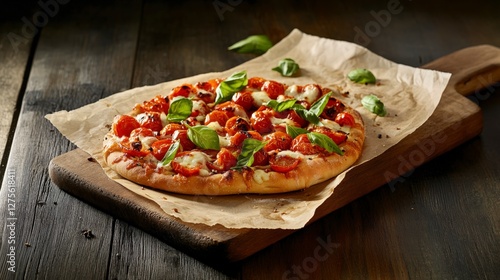 A mouthwatering pizza with fresh basil, cherry tomatoes, and mozzarella.  Perfect for a satisfying meal.