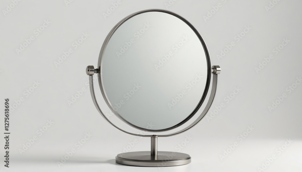 a round mirror with a metal stand a round mirror with a metal stand