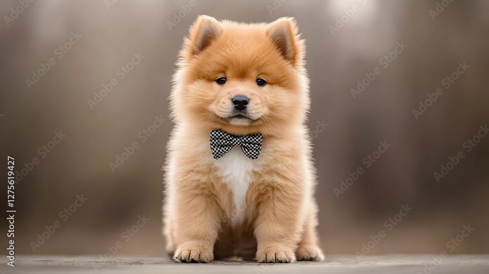 A fluffy puppy with a charming bow tie sits elegantly, showcasing its adorable features and playful demeanor against a blurred background. A fluffy puppy with a charming bow tie sits elegantly, showcasing its adorable features and playful demeanor against a blurred background.